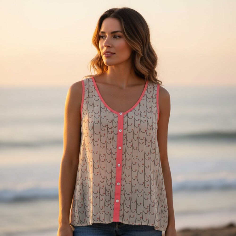 Alya‎ Sheer Beige Coral Top L Boho Coastal Beach Cottage Indie Festival Hippie